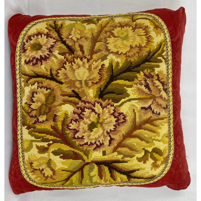 Pair of Antique Hand Stitched Exotic Floral Needlepoint Cushions/Pillows-Red Damask Backing For Sale - Image 10 of 10
