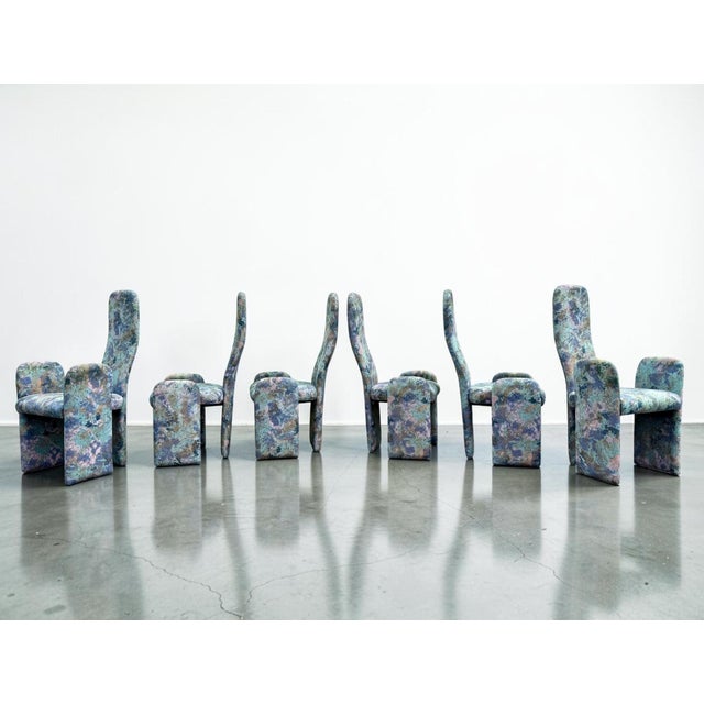 Aqua Postmodern Sculptural High-Back Dining Chairs in Abstract Upholstery, Set of 6 For Sale - Image 8 of 15