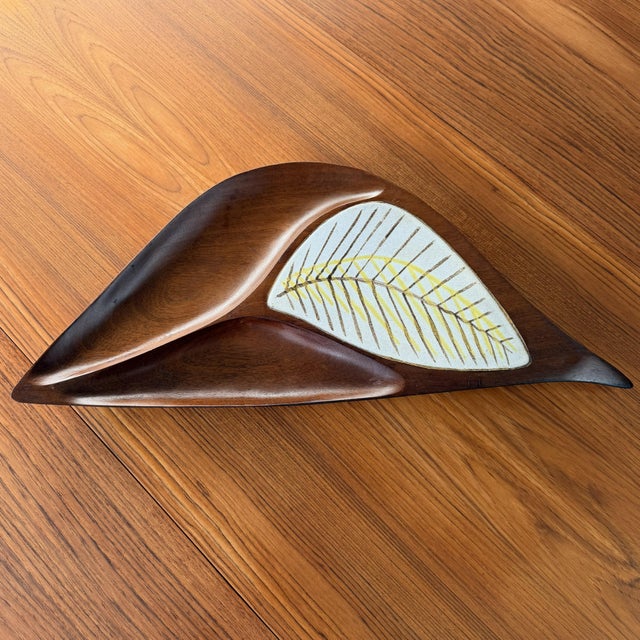 Emil Milan Emil Milan Sculptural Bissilon Mahogany Leaf Shaped Vessel With Ceramic Inlay, 1960s For Sale - Image 4 of 8