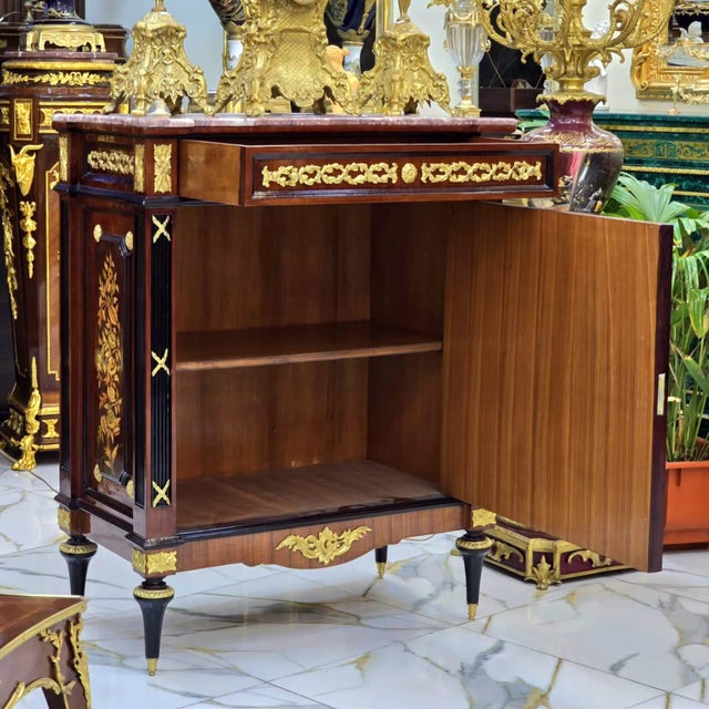 French Marble-Top Cabinet With Intricate Wood Marquetry & Gold Leaf Accents For Sale - Image 3 of 4