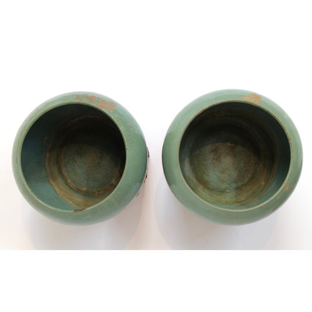 Pair of Vintage Mint Green Ceramic Planters on Wrapped Wood Stands For Sale - Image 13 of 17