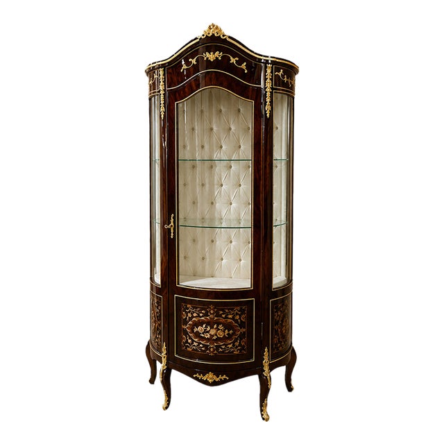 Grand French Louis XV Display Cabinet – Ornate Vitrine With Glass, Velvet Interior & Gold Leaf Details For Sale