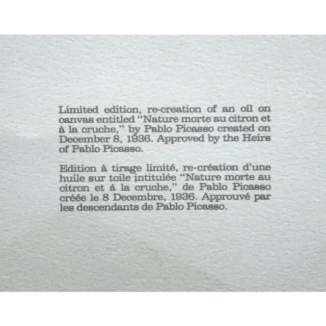 Cubism Nature Morte Au Citron Et a La Cruche 1980s Pablo Picasso Estate Lithograph For Sale - Image 3 of 3