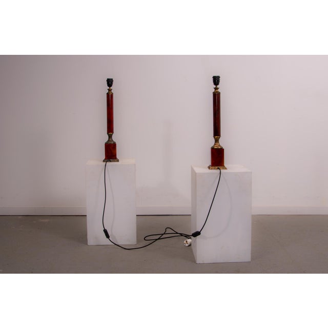 Vintage Empire French Lamps in Amber Bakelite and Brass, 1940s, Set of 2, in Very Good conditions. Designed 1920 to 1949...