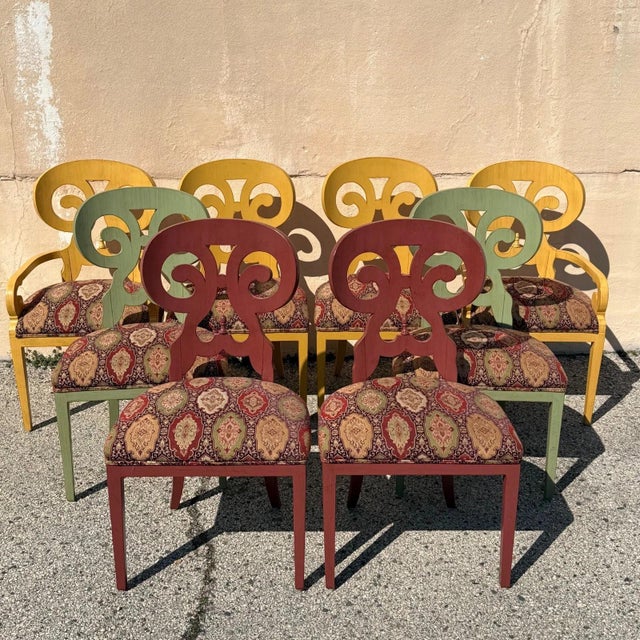 Contemporary Regency Style Red Green Yellow Scroll Back Dining Chairs - Set of 8 For Sale - Image 18 of 18
