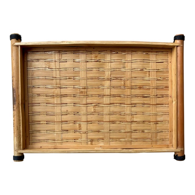 Circa 1970 Coastal Chic Handwoven Rattan Tray With Bamboo Handles For Sale