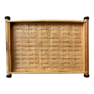 Circa 1970 Coastal Chic Handwoven Rattan Tray With Bamboo Handles