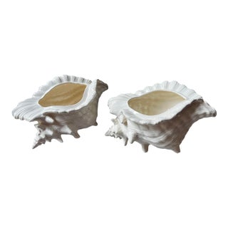Pair of Large White Ceramic Shell Style Planters For Sale
