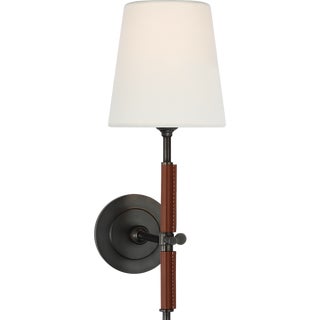 Thomas O'Brien for Visual Comfort Signature Bryant Wrapped Sconce in Bronze and Saddle Leather with Linen Shade For Sale