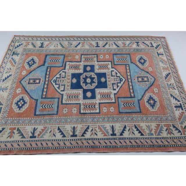 Sky Blue Vintage Tribal Wool Rug With Bold Geometric Medallion in Rust & Indigo -3' 10'' X 5' 1'' For Sale - Image 8 of 11