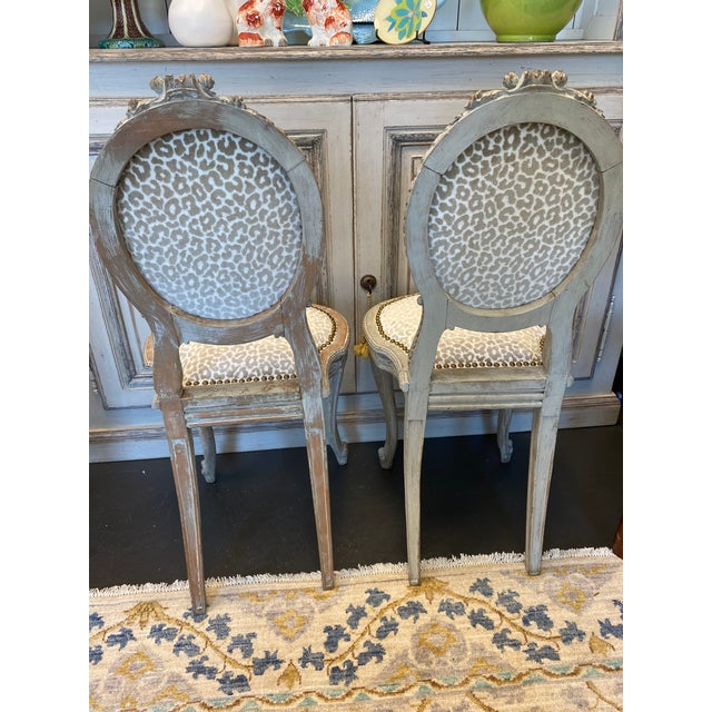 Pair of darling petite French country side chairs. Newly upholstered in Schumacher Madeleine Velvet; a soft neutral...