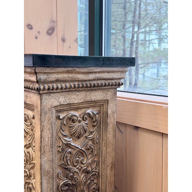 Carved Decorative Pedestal Column With Stone Finish For Sale - Image 4 of 8