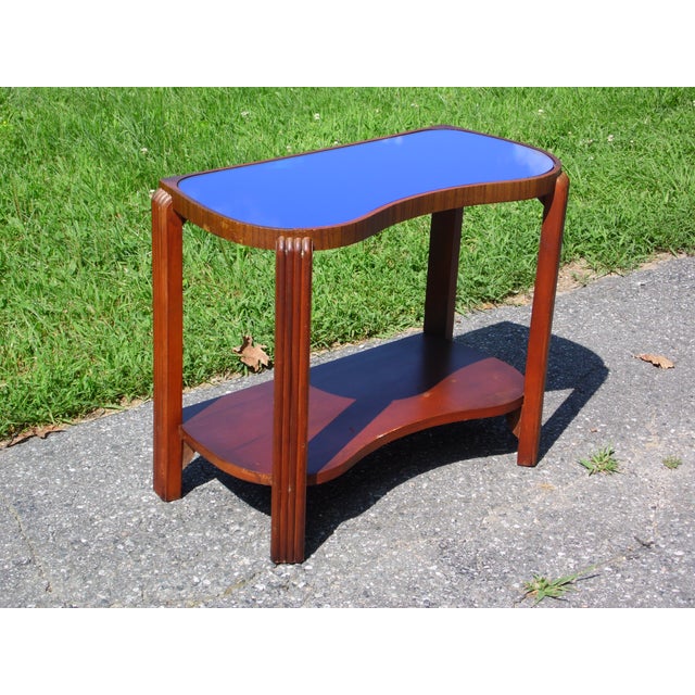 Vintage Art Deco Cobalt Blue Mirror Glass Side Table Walnut End Table