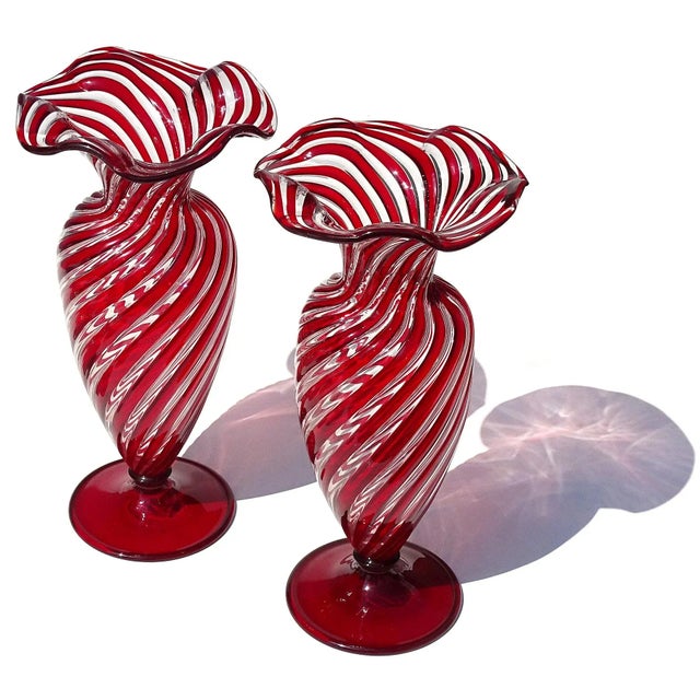 Glass Vintage Murano AVeM Swirling Ruby Red Clear Stripes Italian Art Glass Ruffle Rim Footed Flower Vase For Sale - Image 7 of 8