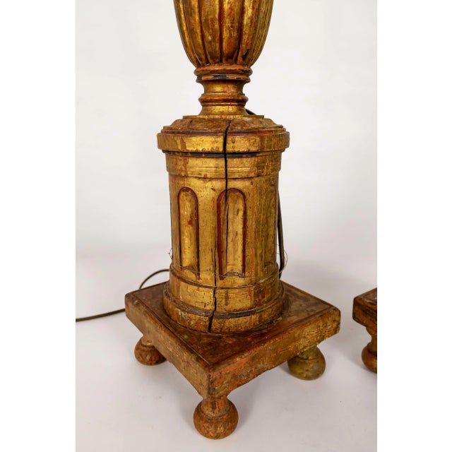 Neoclassical Early 20th Century Large Neoclassical Carved Gilt Wood Lamps - Pair For Sale - Image 3 of 12