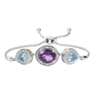.925 Sterling Silver Oval Amethyst and Pear Blue Topaz with Diamond Accent For Sale