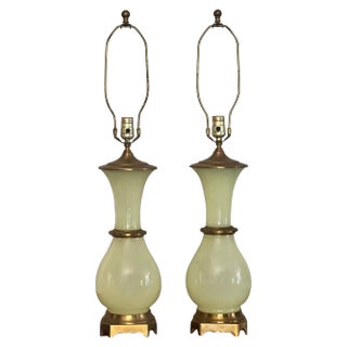 Mid 20th Century Paul Hansen Hollywood Regency Bronze Mounted Vaseline Glass Lamps, Pair For Sale