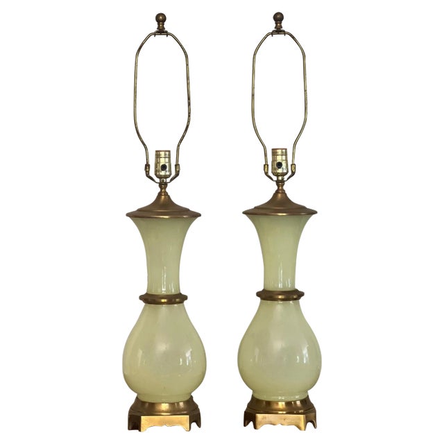 Mid 20th Century Paul Hansen Hollywood Regency Bronze Mounted Vaseline Glass Lamps, Pair For Sale