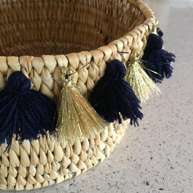 Moroccan Moroccan Navy and Gold Tassel Small Basket For Sale - Image 3 of 4