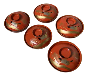 Urushi Maki-E-Rice Bowls with Crane Decor, Japan, 1912-1926, Set of 5