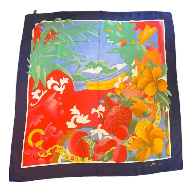 Celine 1990s Vintage Tropical Motif Silk Scarf for Women, Italy Made For Sale