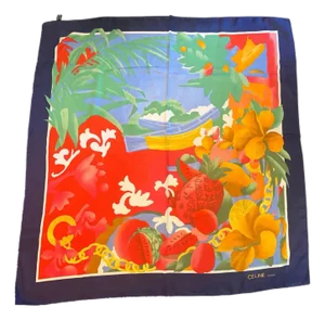 Celine 1990s Vintage Tropical Motif Silk Scarf for Women, Italy Made