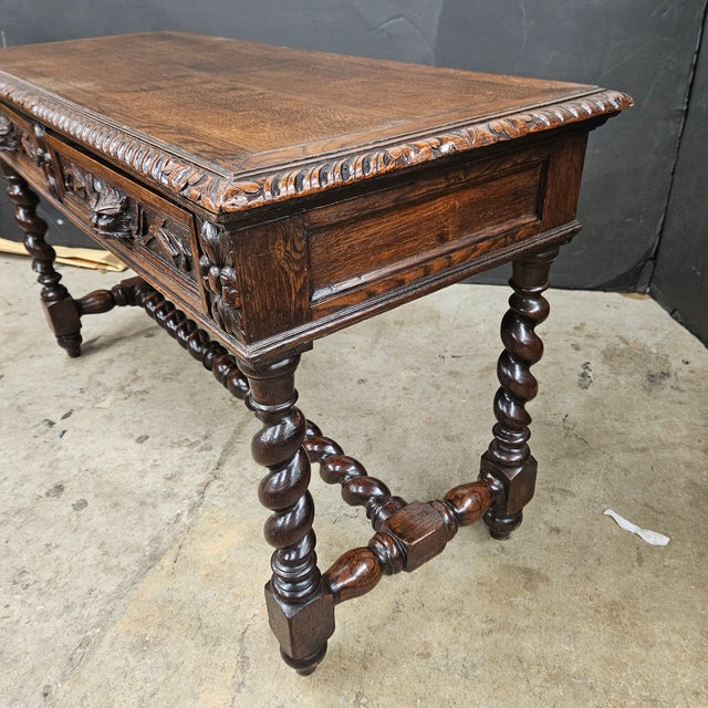 19th Century Carved Oak Barley Twist 2 Drawer Side Table For Sale - Image 9 of 14