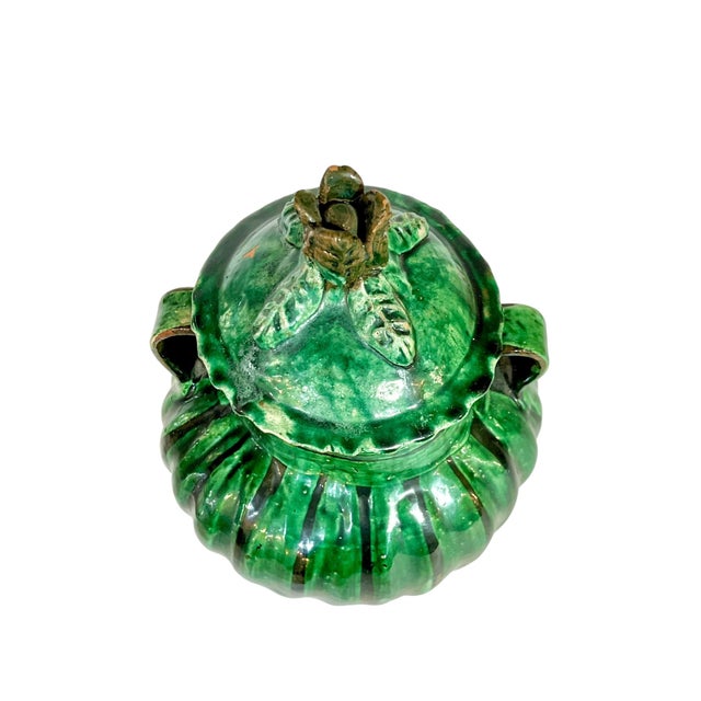 Mid 20th Century Vintage French Provincial Glazed Green Terracotta 2 Handle Pot With Lid For Sale - Image 5 of 16