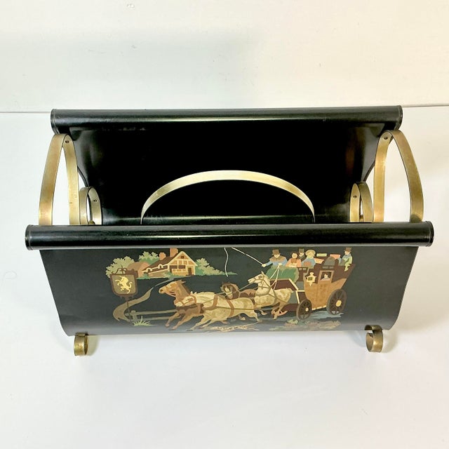 1950s Vintage Arts & Crafts Boho Chic Hand Painted Tole Metal Magazine Rac For Sale - Image 4 of 12