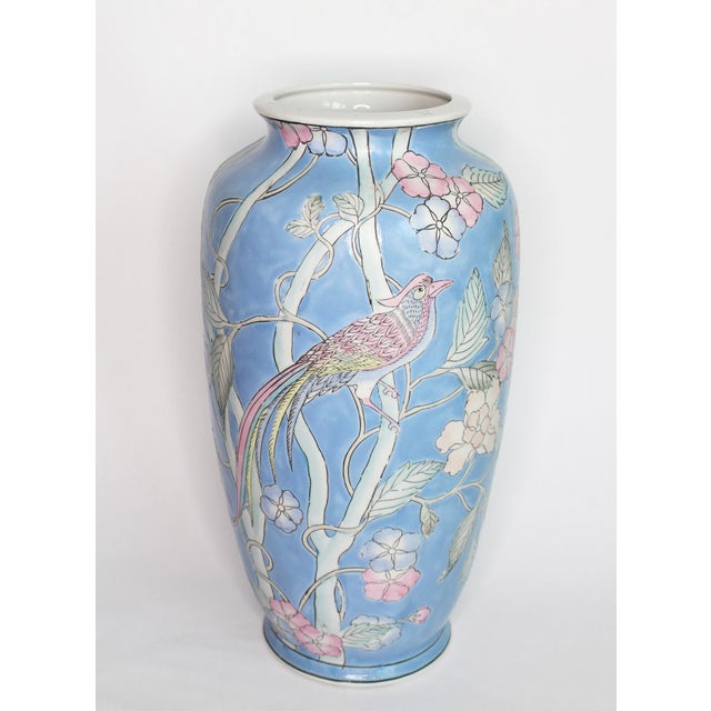 Chinoiserie Blue HandPainted Vase With Peacock Motif Chairish