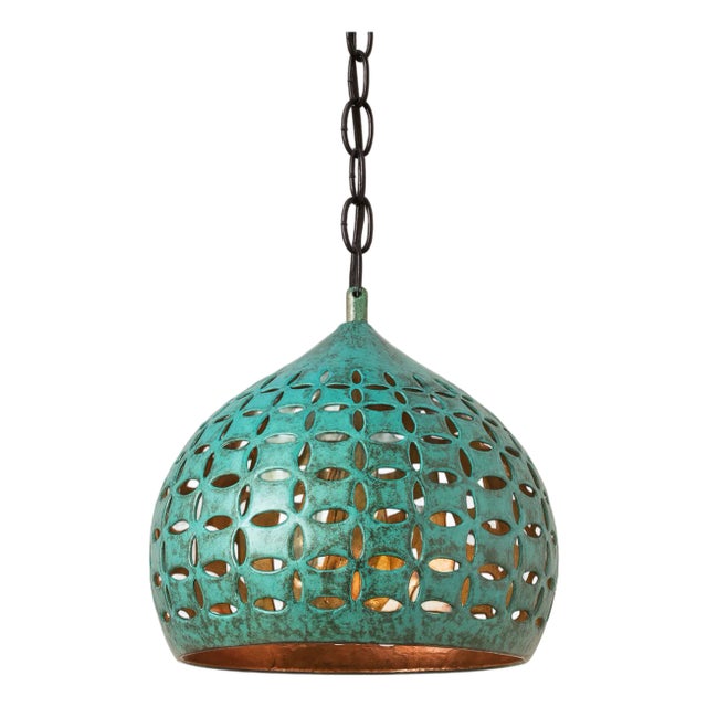 Copper Light Dome Pendant Lamp With Patina Turquoise Finish For Sale