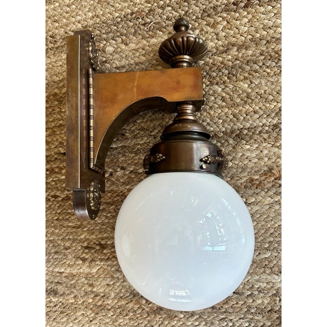 1920s Pair of Large Traditional Brass Sconces With White Glass Ball Shades Circa 1920 For Sale - Image 5 of 6