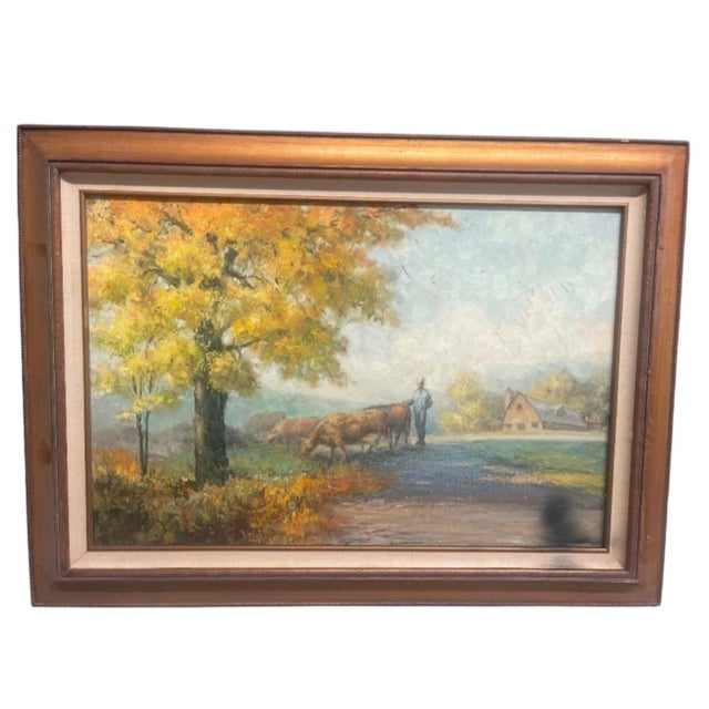 This evocative mid-20th-century original oil painting on canvas captures a serene, nostalgic pastoral scene set against...