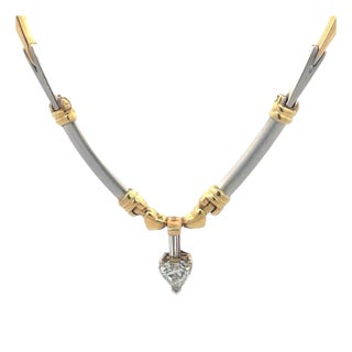 Heart Diamond Gold Pendant 14k Two Tone Bone Link Necklace For Sale