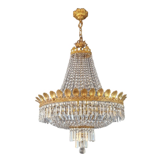 Antique Art Nouveau Low Oval Plafonnier Crystal Chandelier Brass For Sale