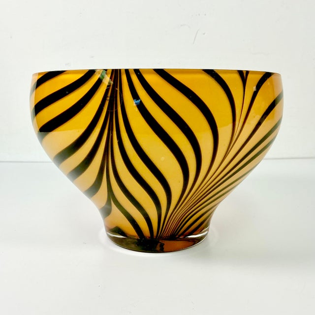 Murano Mid-Century Hollywood Regency Boho Chic Polish Hand Blown Glass Tiger Striped Encased Bowl, Murano Style For Sale - Image 4 of 12