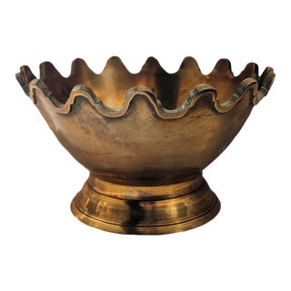 Vintage Brass Scalloped Crown Footed Pedestal Bowl For Sale