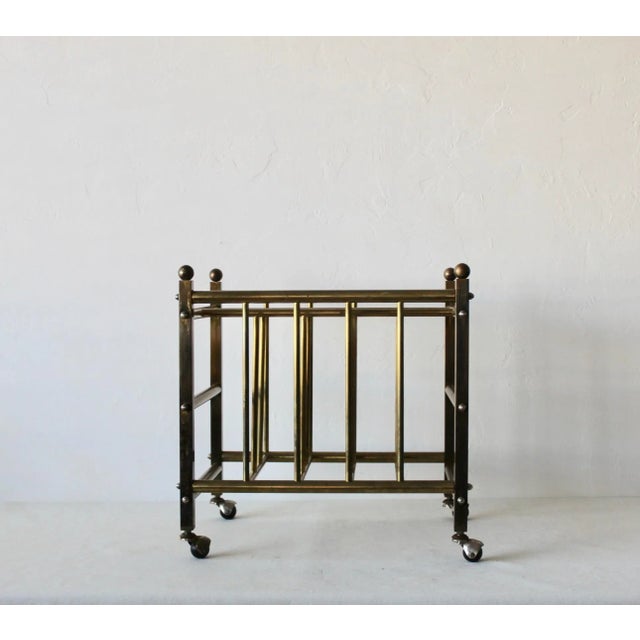 1960s Hollywood Regency Brass Canterbury Book Magazine Rack Crate With Ball Castor Sphere Finials Detail Vintage For Sale - Image 5 of 10