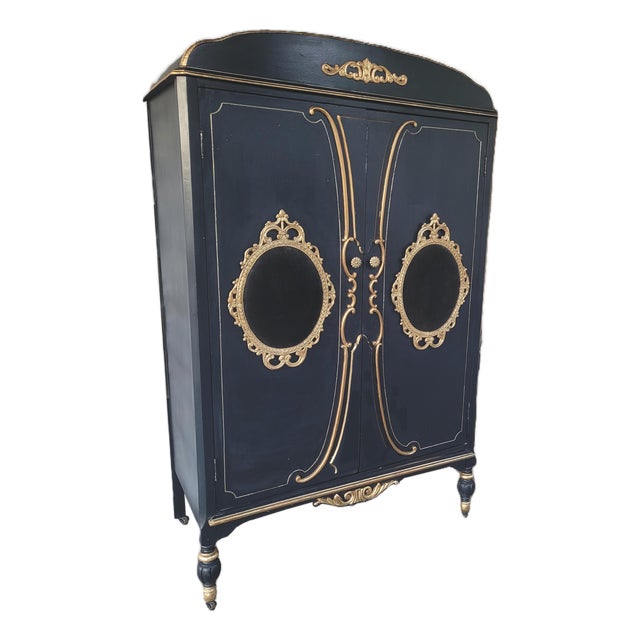 Custom French Louis XV Style Midnight Blue Armoire With Antique Brass & Velvet Medallions For Sale