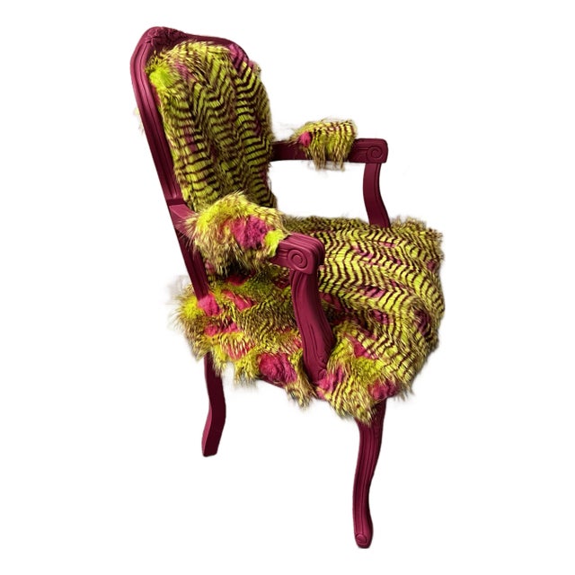 Late 20th Century Custom Hollywood Regency - Accent Chair Hot Pink/Lime Green Faux Fur For Sale