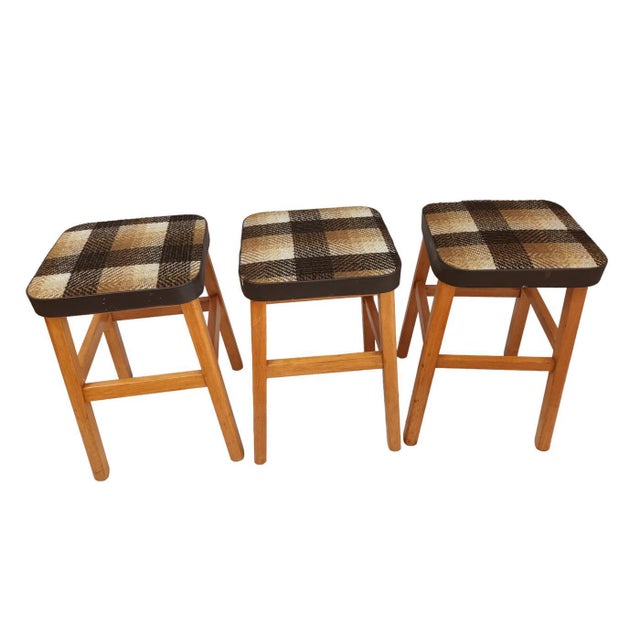 Vintage Stool English Maid Stools with Wooden Tartan Seat, 1960s, Set of 3 For Sale - Image 15 of 15