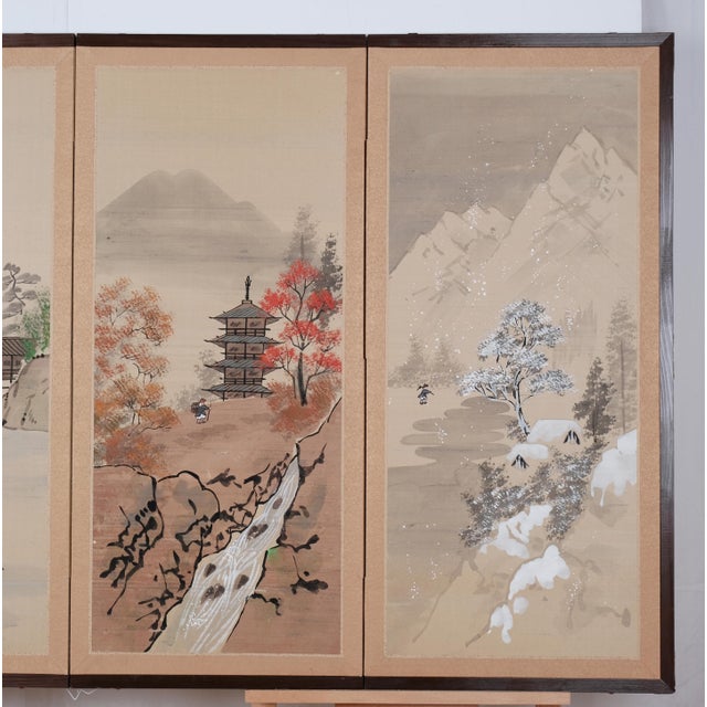1960s Japanese Byobu "The Four Seasons" Artist Hand Painted and Signed 4-Panel Folding Screen For Sale In San Diego - Image 6 of 10