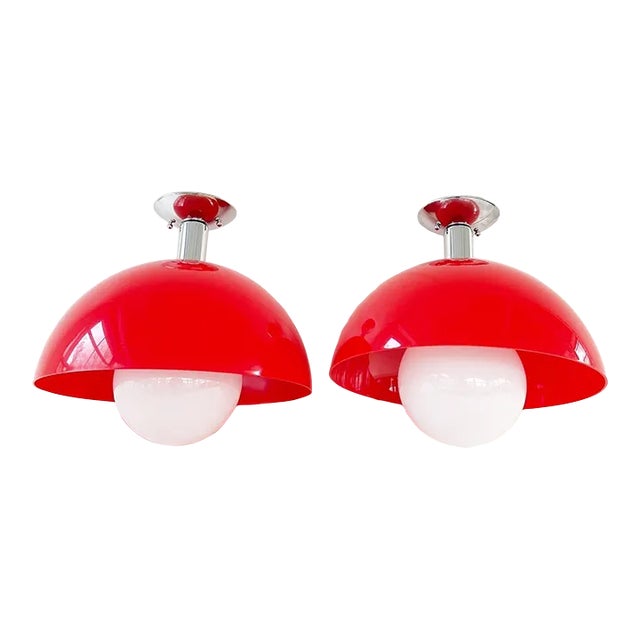 Mid Century Cherry Red Semi-Flush Lights - A Pair For Sale
