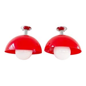 Mid Century Cherry Red Semi-Flush Lights - A Pair