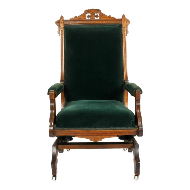 Antique Eastlake Carved Walnut Platform Rocking Chair With Green Velvet Upholstery For Sale
