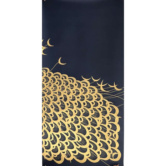 Hand-Painted Phoenix Wallpaper Panel in Empire Blue & Gold | Chinoiserie Wall Art - 2 Panels For Sale - Image 4 of 4