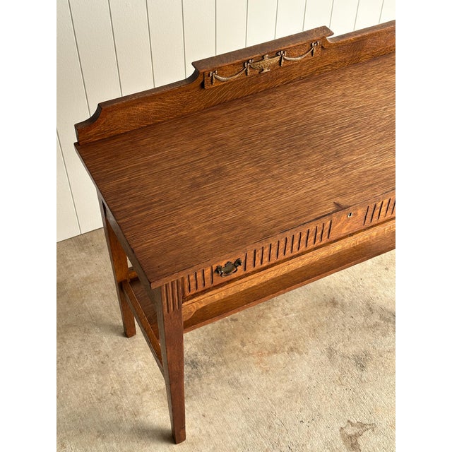 Antique Quarter Sawn Oak Console Table With Carved Gallery Back For Sale - Image 9 of 17
