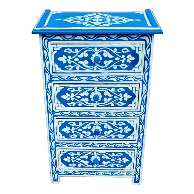Hand‑Painted Moroccan Nightstand / Blue and White Zoua9 Woodwork For Sale