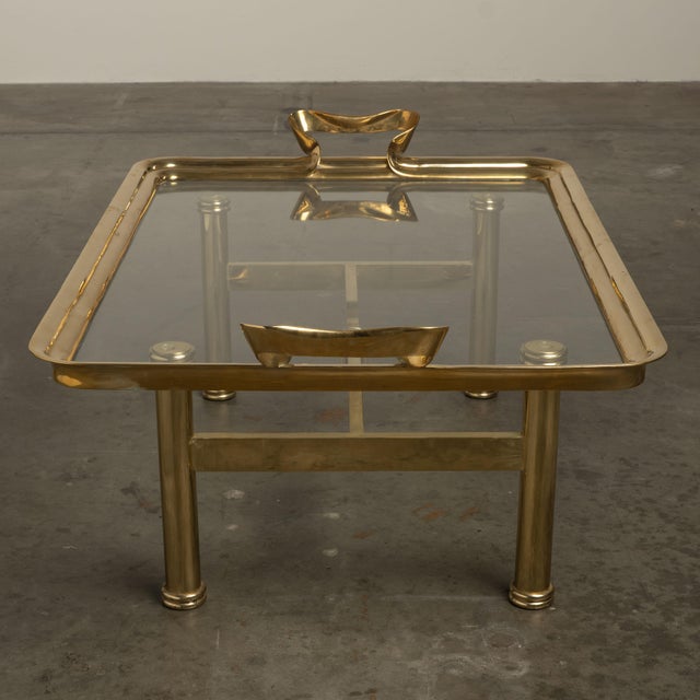 1980s Brass & Glass Coffee Table Glam Metal Chic Tray-Form For Sale - Image 11 of 11