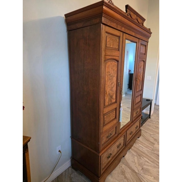Late 19th Century 19th Century Victorian Burl Wood & Oak 3-Door Grand Wardrobe Armoire With Mirror For Sale - Image 5 of 12
